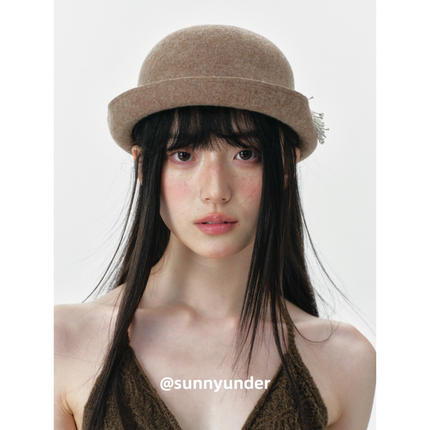 时髦翘沿圆顶毛呢渔夫帽子女秋冬英伦复古街头显脸小小檐礼帽ins