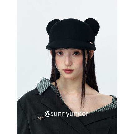可爱小熊耳朵羊毛呢鸭舌帽子女春秋冬季韩版日系显脸小报童帽ins