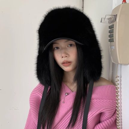 时髦毛绒显脸小雷锋帽女冬仿皮草东北加厚加绒防寒保暖毛绒护耳帽