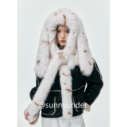 加长兔耳朵帽子围脖一体连帽女秋冬防寒保暖套头帽可爱护耳帽ins