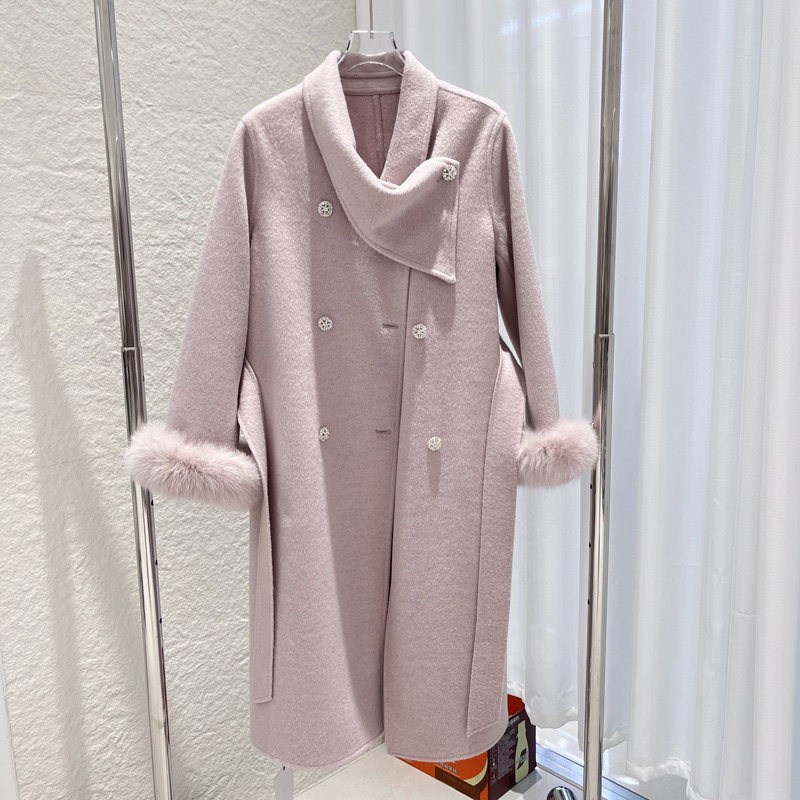气质中长款双面羊毛呢大衣女冬流行双排扣韩版绑带长袖呢子外套