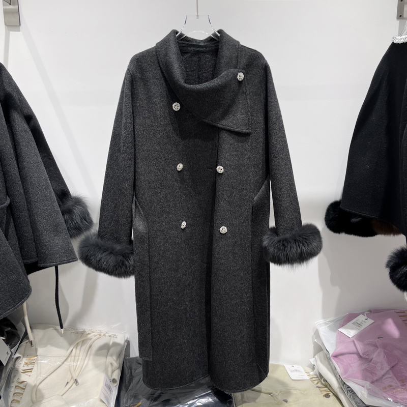 气质中长款双面羊毛呢大衣女冬流行双排扣韩版绑带长袖呢子外套