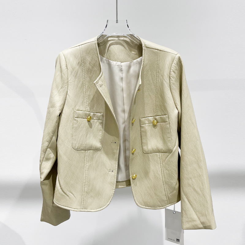 时尚皮衣外套女2025年秋季新款圆领长袖上衣OL韩版单排扣PU皮夹克