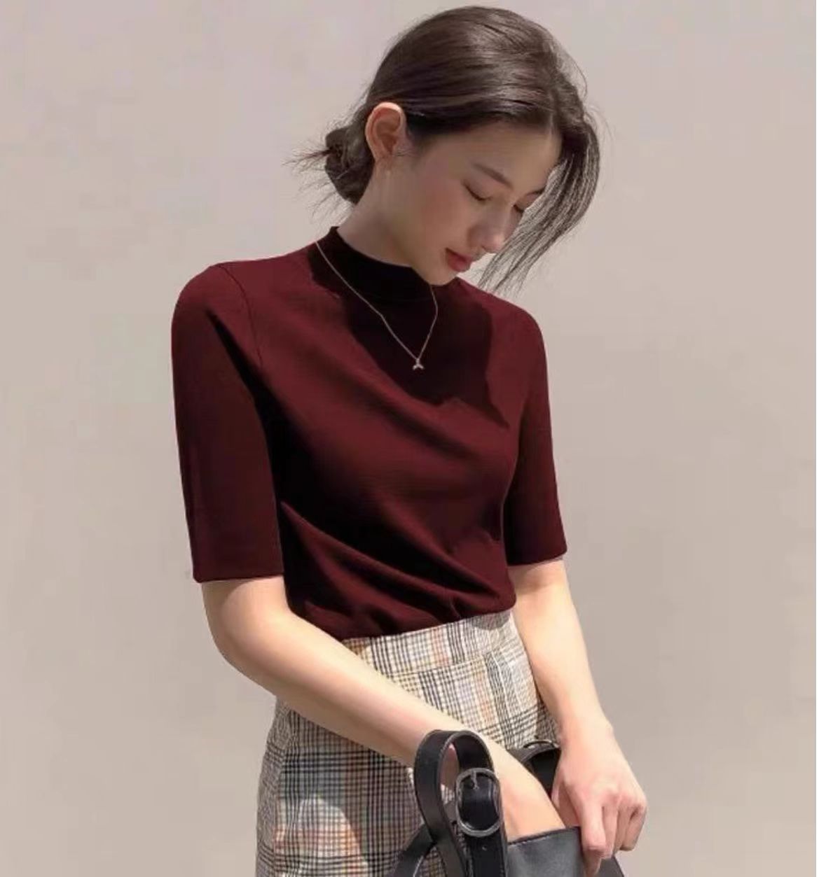 纯色小立领修身设计感打底衫女春夏气质五分袖半截袖内