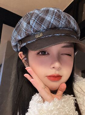 格纹复古八角帽子女秋冬毛呢宽檐显脸小百搭贝雷帽时尚鸭舌画家帽