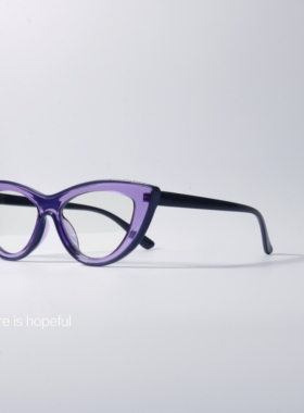 小众撞色设计紫色猫眼眼镜TR90防蓝光霓虹灯元素近视透明框平光镜