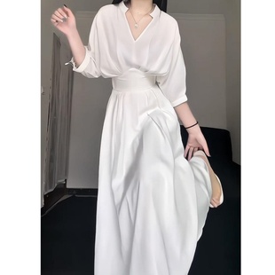 白色连衣裙子女2025夏季茶歇法式小个子高级感收腰显瘦衬衫裙长裙