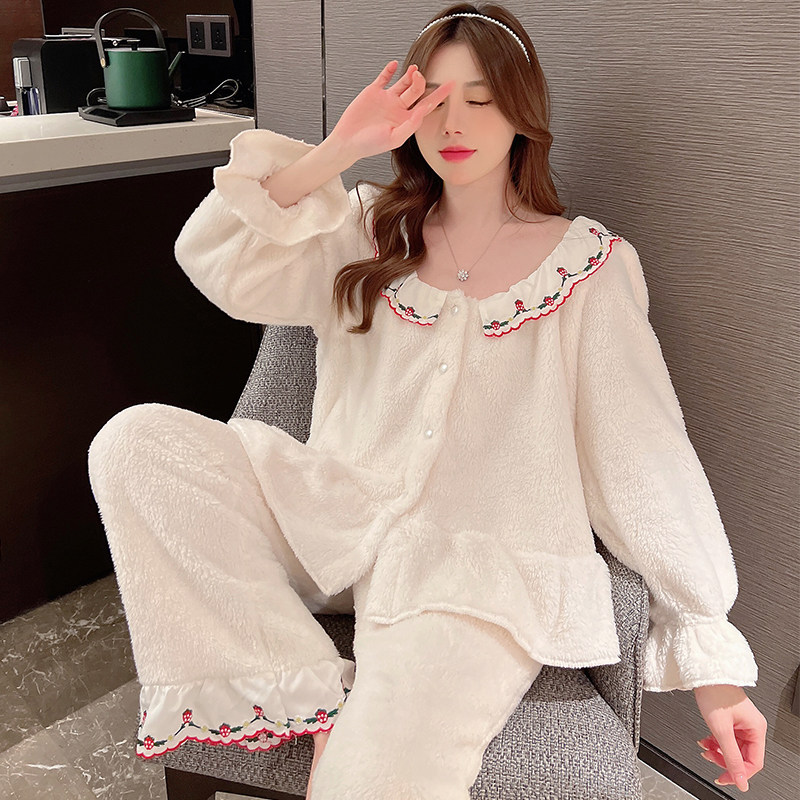 睡衣女冬长袖韩版清新珊瑚绒甜美可爱加厚可外穿开衫家居服套装