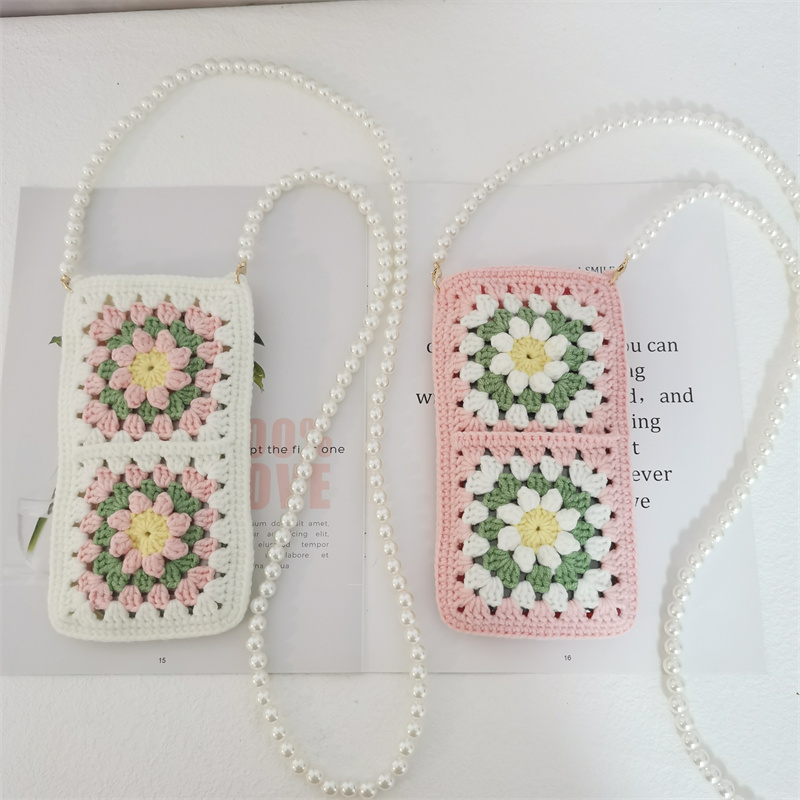 手工diy编织毛线手机包祖母方格珍珠包包自制钩针女士斜挎包材料