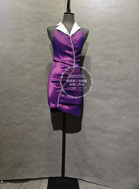 清仓性感露背褶皱女连衣裙显瘦紧身低胸紫色GOGO酒吧夜总会工作服