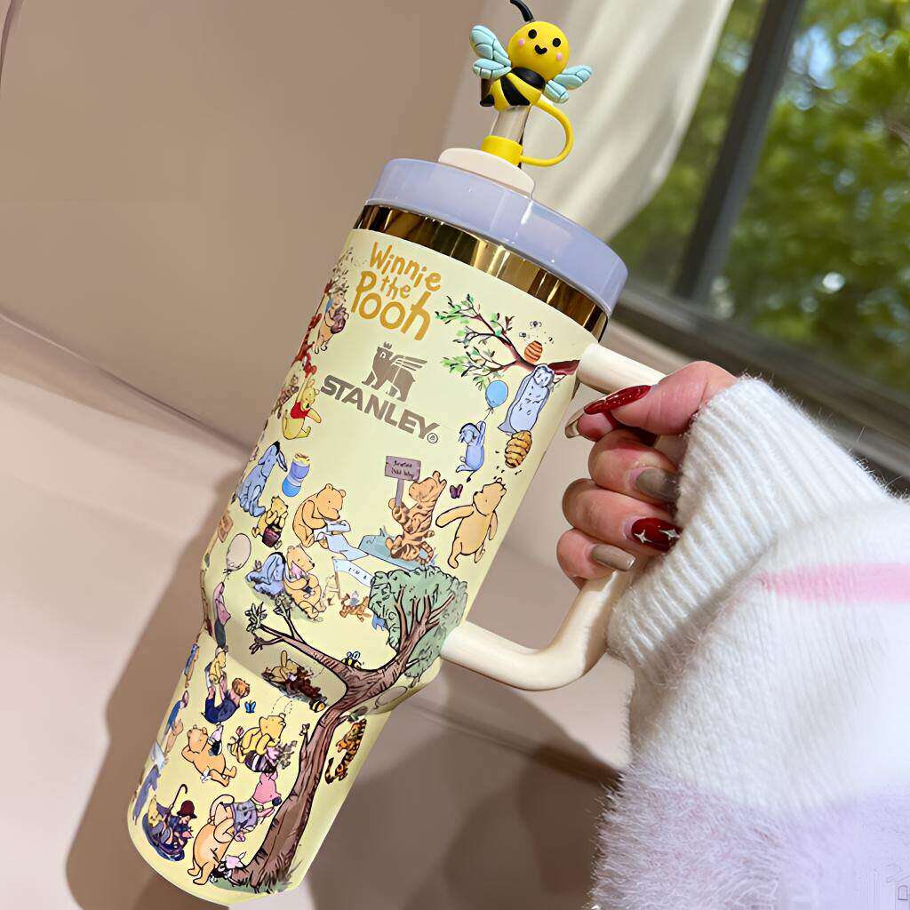 STANLEY联名款小熊维尼卡通保温杯不锈钢吸管盖带柄水杯冰霸杯