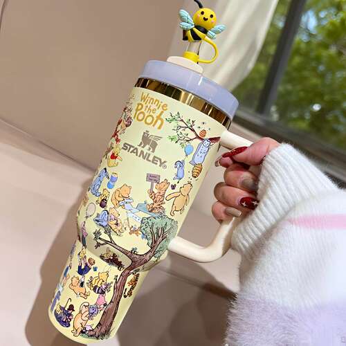 STANLEY联名款小熊维尼卡通保温杯不锈钢吸管盖带柄水杯冰霸杯