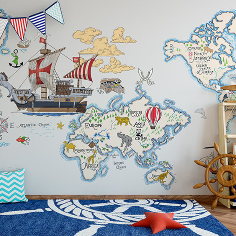 卡通历险 独角兽儿童房男孩女孩大型定制壁画地图墙画无缝墙壁纸