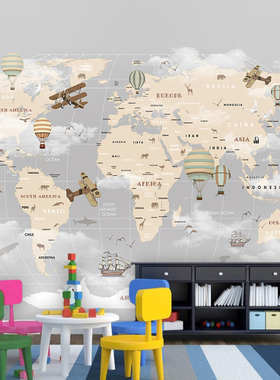定制壁画壁纸无缝墙布墙纸现代简约地图热气球背景墙壁画19058/59