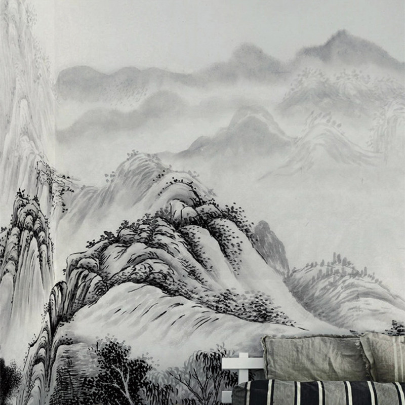 个性定制墙画壁画 空山新雨后 新中式山水意境电视卧室客厅背景墙