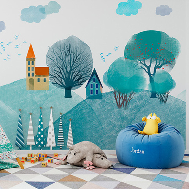 蓝色卡通小村庄 童梦儿童房男孩女孩卧室背景大型墙画壁画 可定制
