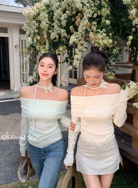 GS.GOOD START-浪漫钩花蝴蝶一字肩针织小衫(配可拆卸飘带)D1058