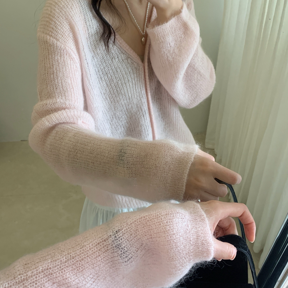 Find Time-约高比例马海毛V领纽扣针织开衫（含27.8绵羊毛）L7010