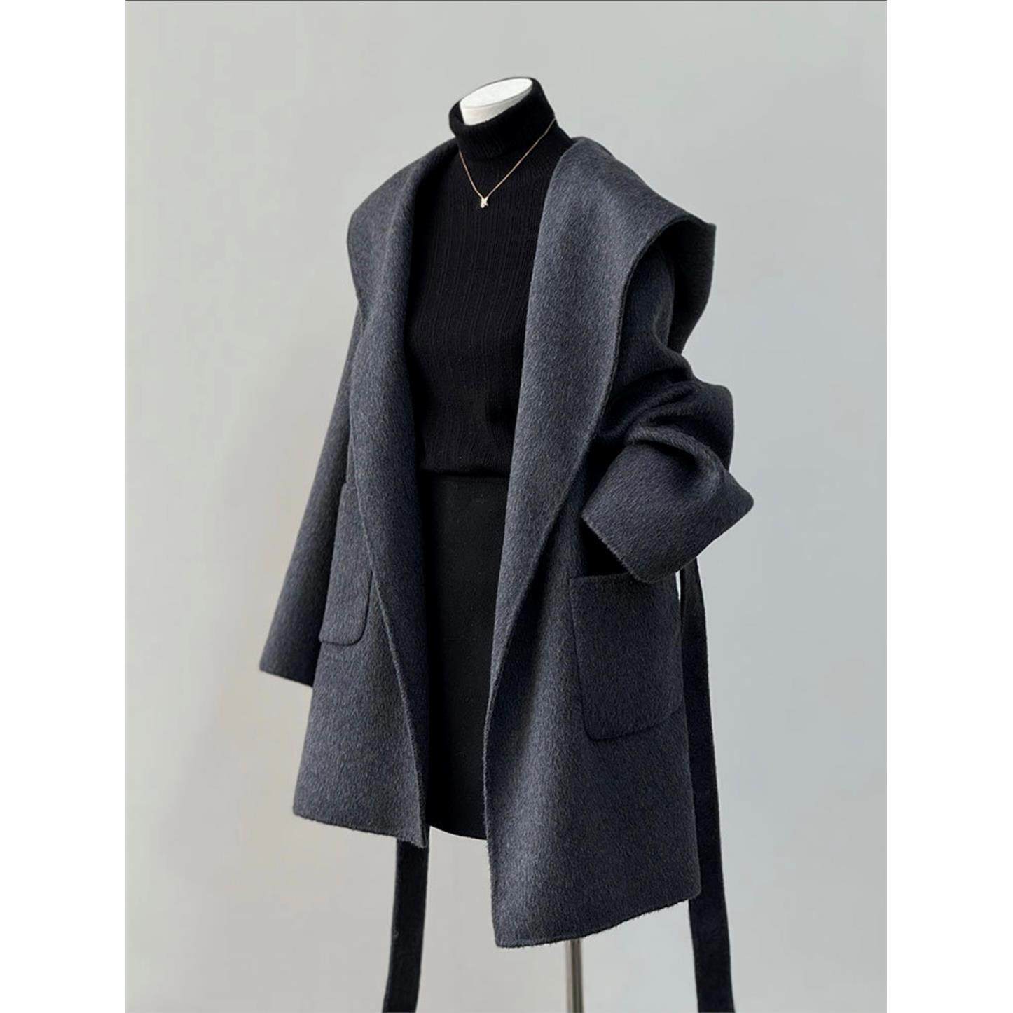 M家连帽双面羊绒大衣女短款小个子2025秋冬新款宽松韩版毛呢外套