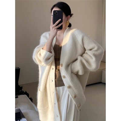 高级感白色毛衣开衫外套女秋冬气质宽松加厚中长款v领针织衫外搭