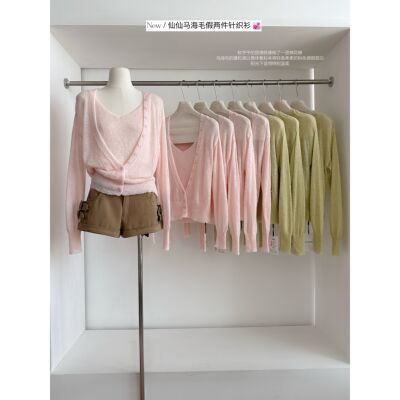 春季新款早春仙仙马海毛柔柔粉色针织开衫背心假两件套