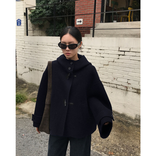 已出货 连帽毛呢外套女 韩国东大门复古暗黑系牛角扣短款