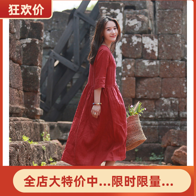 绽放文艺原创棉麻新款大摆连衣裙