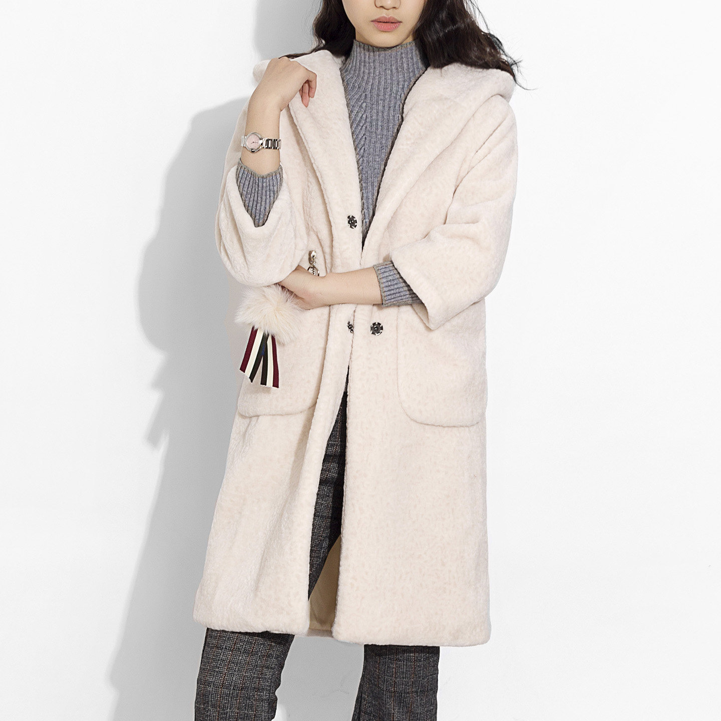 秋冬连帽中长款外套风衣女韩版加厚毛绒大衣慢系美