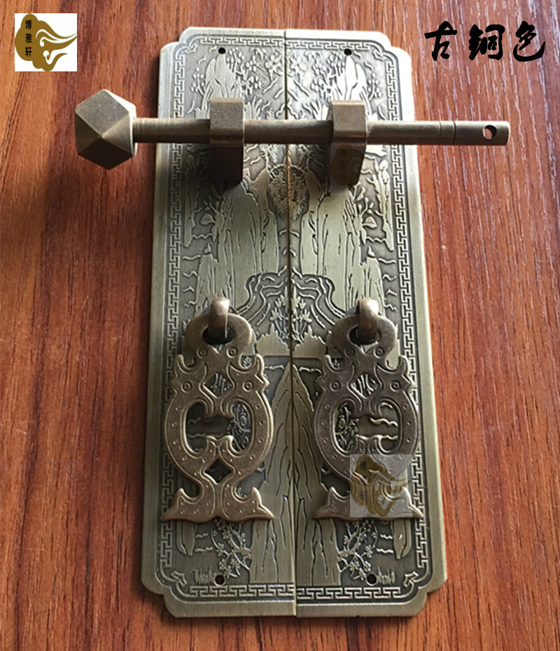 中式仿古纯铜衣柜雕花山水直条拉手书柜门装饰把手配件家具把手