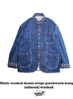 IndigoWhale丹宁重水洗牛仔面料唐装手工盘扣条纹拼接功夫外套