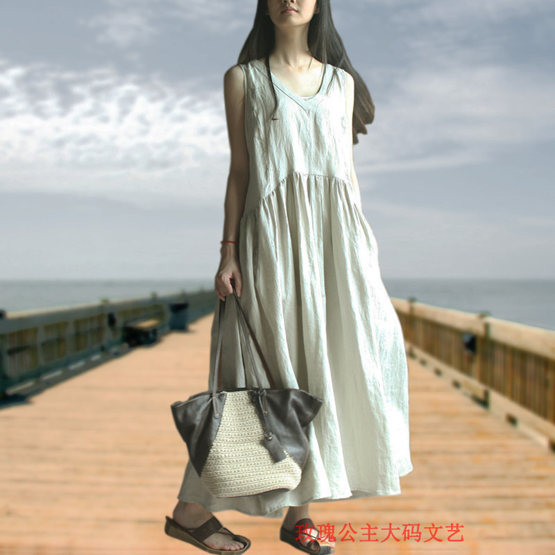 夏文艺大码袍子宽松棉麻连衣裙