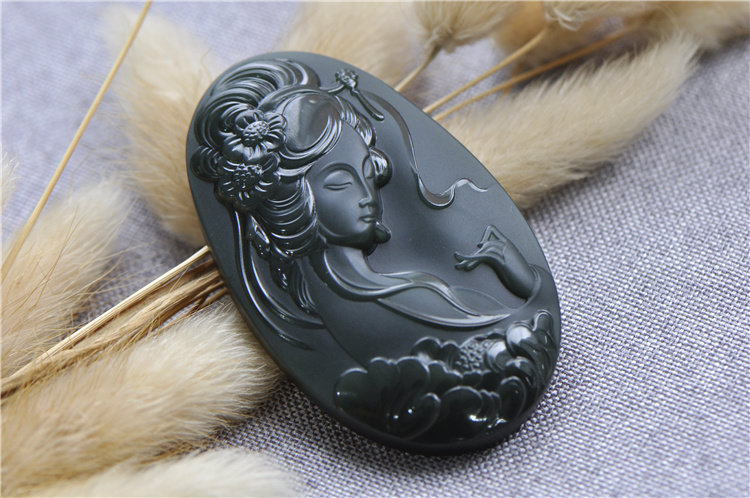 正品新疆和田玉黑羊脂墨玉吊坠观音头像观音菩萨苏工精雕黑碧玉牌