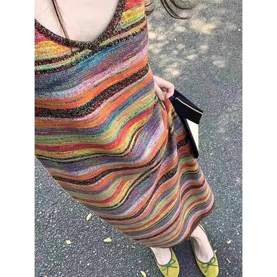 彩虹吊带裙2024新款女夏季叠穿内搭大码胖女孩a字吊带连衣裙长裙