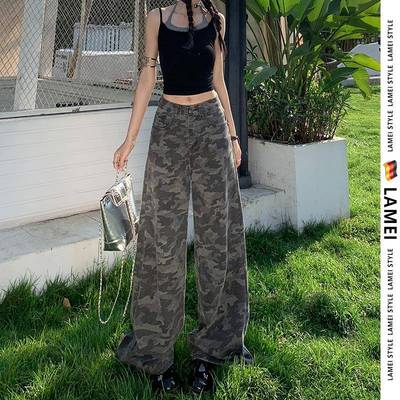 美式高街复古迷彩工装牛仔裤女高腰显瘦垂感宽松阔腿休闲直筒裤子