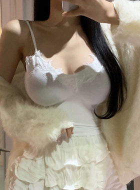 韩国东大门显胸大~女人味蕾丝边纯色百搭吊带背心ik可外穿短袖