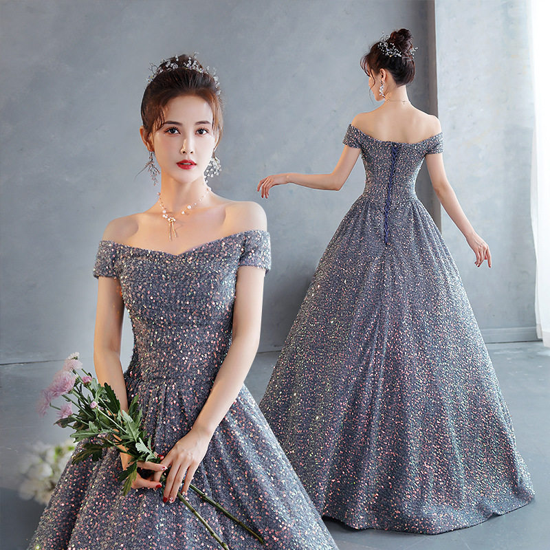 晚礼服新款婚纱礼服一字肩学生声乐艺考独唱演出服蓬蓬裙长款星空图片
