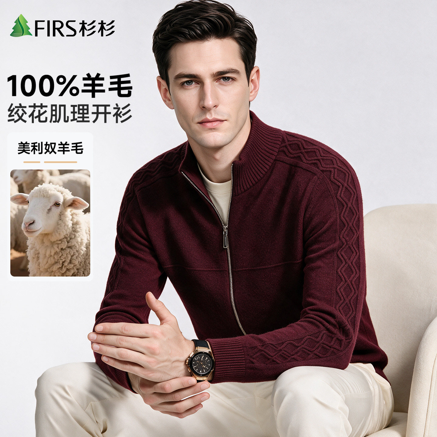 [立领防风]杉杉男士100%绵羊毛拉链针织开衫中年通勤外穿毛衣外套