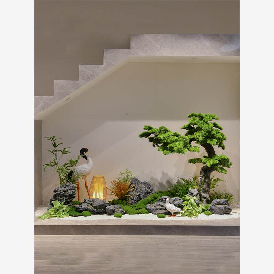 室内玄关仿真迎客松假山石造景会所茶室禅意枯山水造景楼梯下摆件
