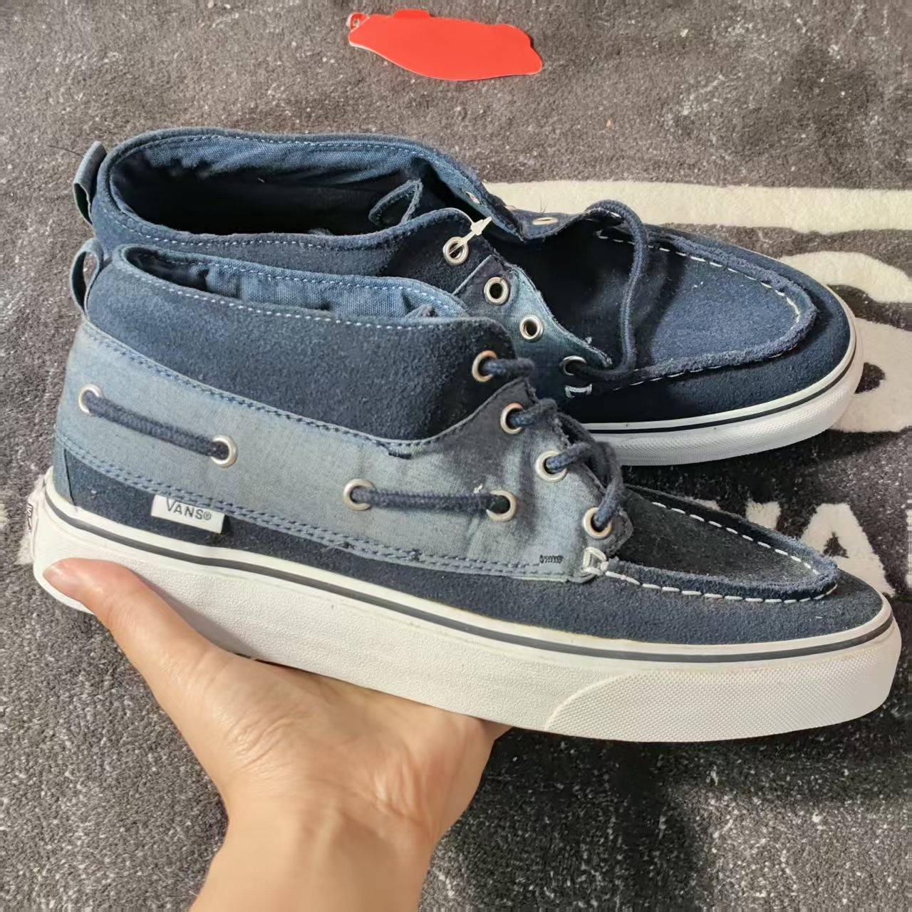 Vans中帮牛仔渐变拼接帆船复古水洗蓝帆布鞋男女板鞋VN000NJ953V
