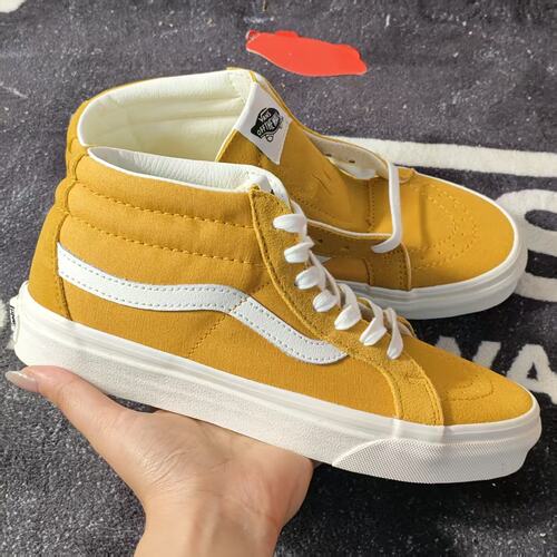 Vans Sk8-Hi姜黄拼接白条纹高帮复古情侣休闲滑板鞋VN0A391FDVR