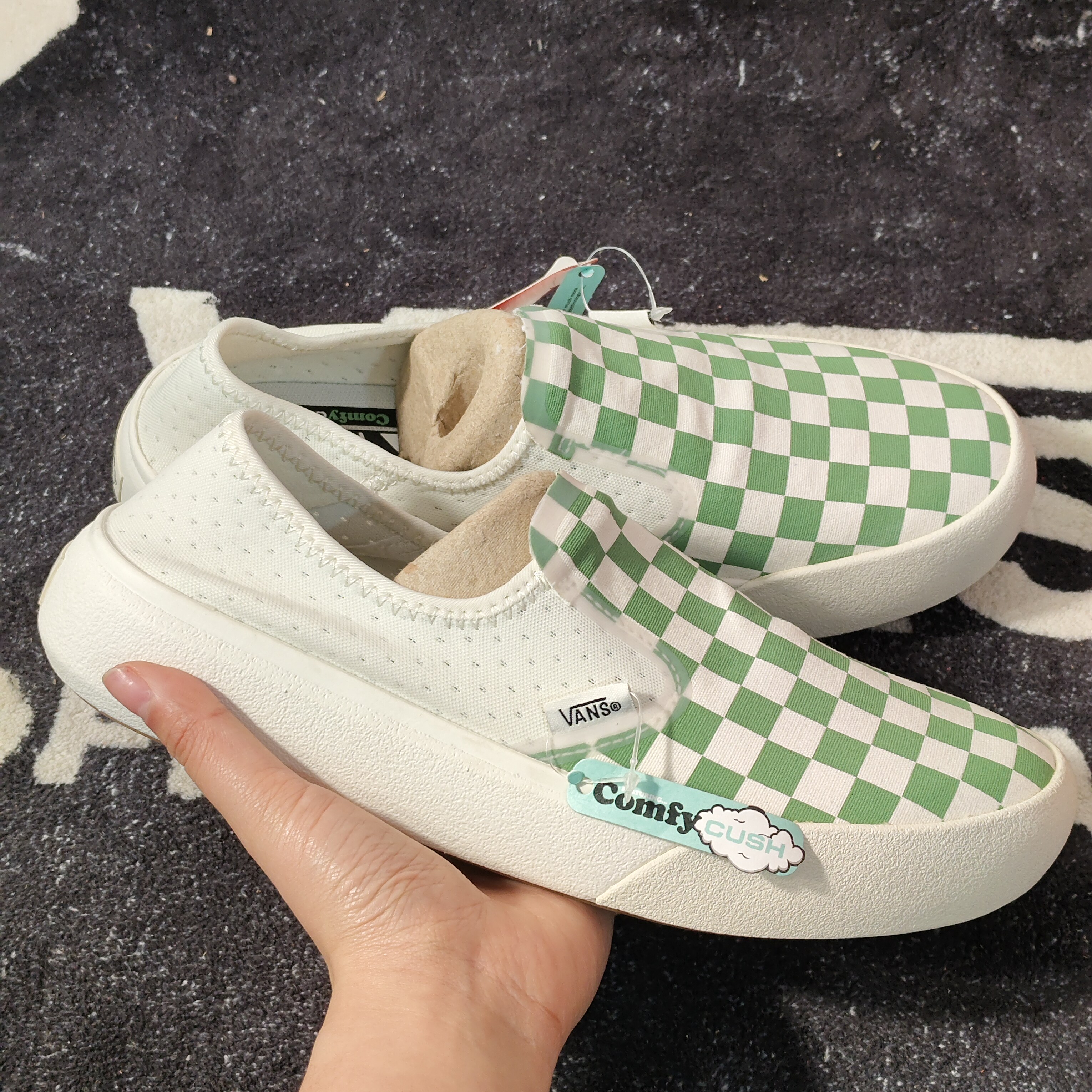 Vans ComfyCush绿白棋盘格一脚蹬懒人鞋 VN0A45J5V0N