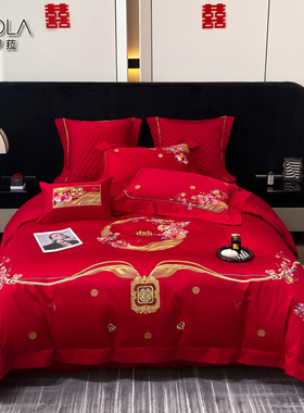 结婚女方陪嫁婚庆床品套件纯棉四件套全棉六件套大红色喜被高级感