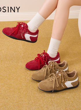 JOSINY春季新款复古德训鞋女红色系带休闲运动鞋舒适百搭女鞋厚底