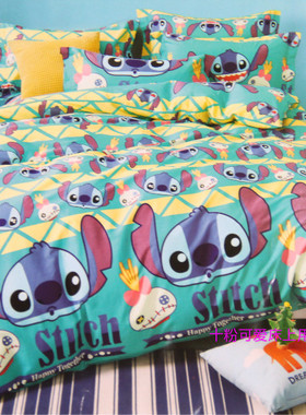 纯棉床上用品卡通史迪仔四件套床品 史迪奇星际宝贝stich黄绿色