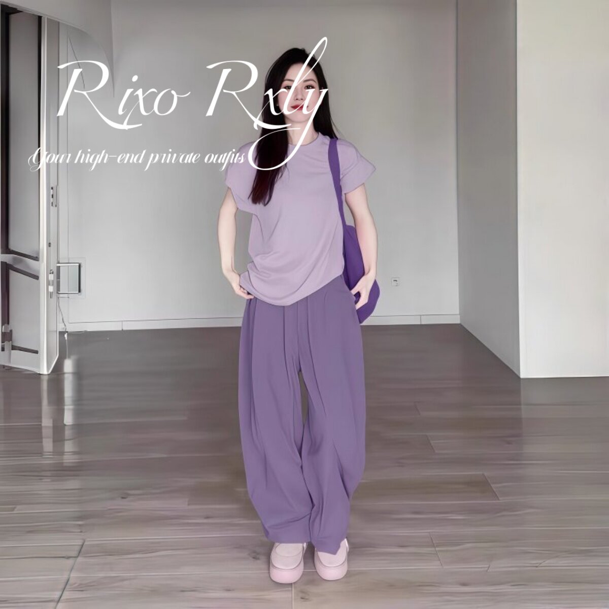 RIXO RXLY纯棉休闲运动套装女士夏季宽松撞色套头短袖T恤阔腿长裤