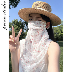 甜美碎花遮阳防晒面罩女2026春夏季新款时尚百搭遮阳护颈挂耳面纱
