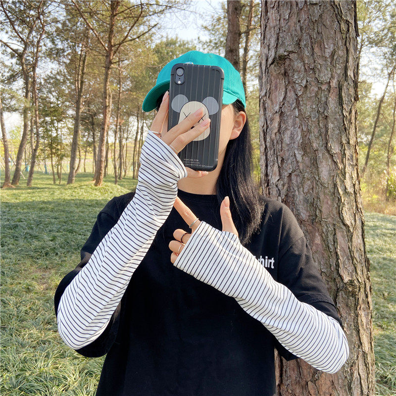 春夏韩版ins泫雅风黑白条纹防晒半指袖套薄款冰丝手套男女冰袖潮