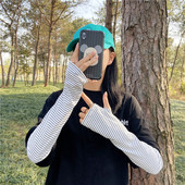 春夏韩版 潮 冰丝手套男女冰袖 ins泫雅风黑白条纹防晒半指袖 套薄款