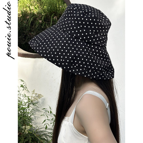 赫本风复古黑色波点大檐渔夫帽子