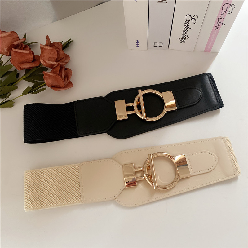 金色t型扣复古松紧弹力腰带装饰